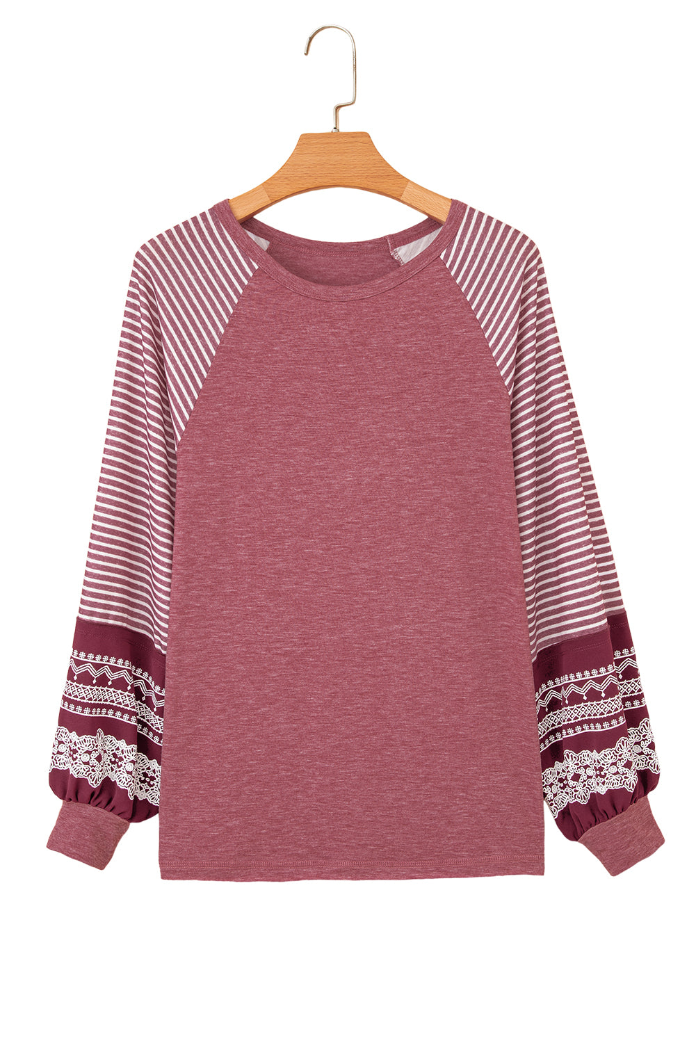 Mineral Red Contrast Print Striped Raglan Long Sleeve Loose Top