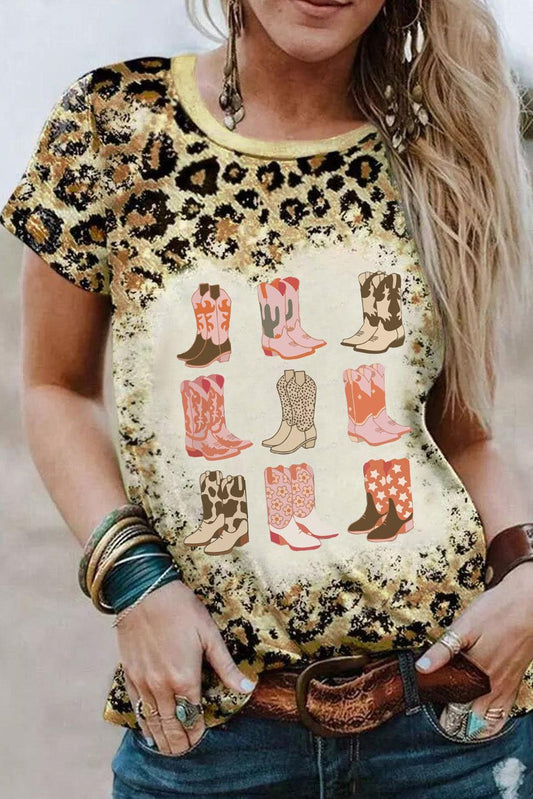 Leopard Cowgirl Boots Graphic Bleached Leopard T Shirt - L & M Kee, LLC