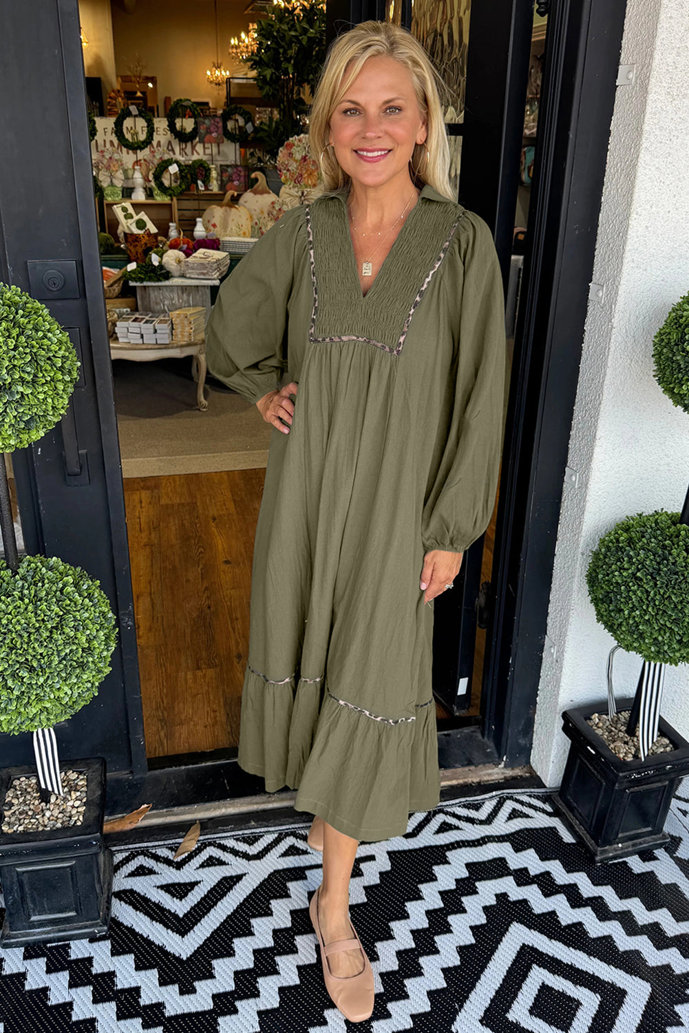 Black Collared V Neck Smocked Detail Contrast Leopard Trim Bracelet Sleeve Long Dress