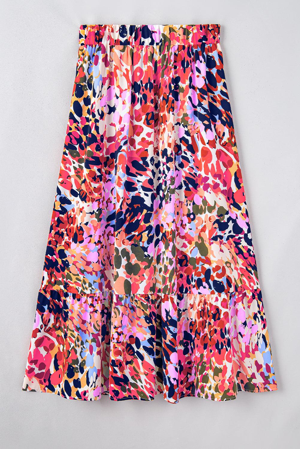 White Abstract Floral Print Ruffled High Waist Maxi Skirt - L & M Kee, LLC