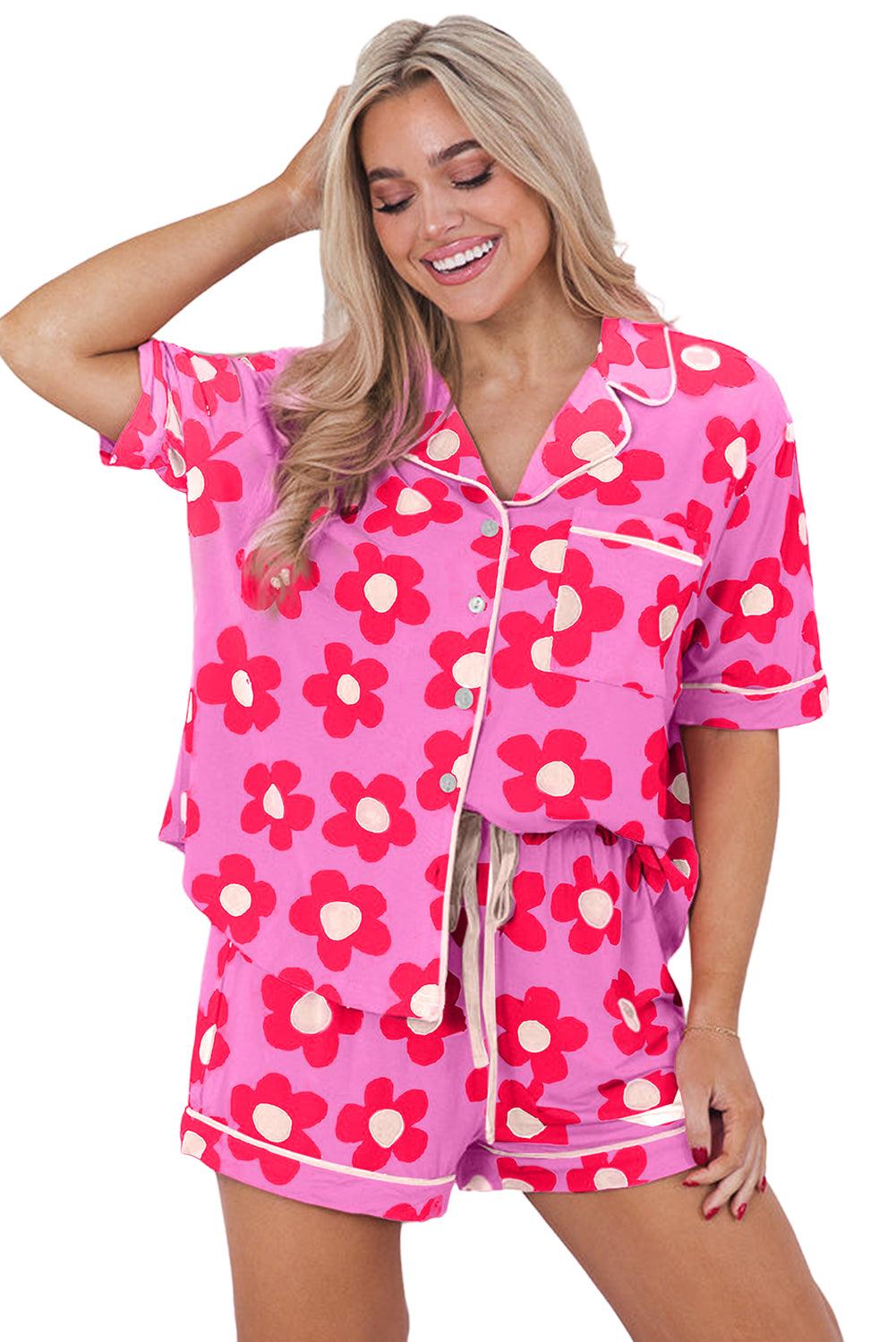 Pink Flower Print Short Sleeve Shirt Pajamas Set - L & M Kee, LLC