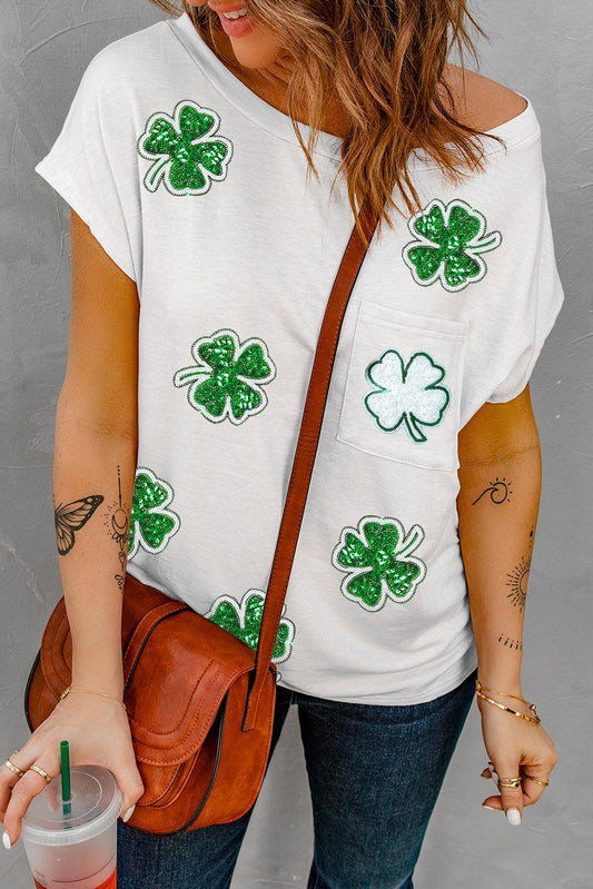 white Sequin St Patrick Clover Patch Pocket Loose Tee - L & M Kee, LLC