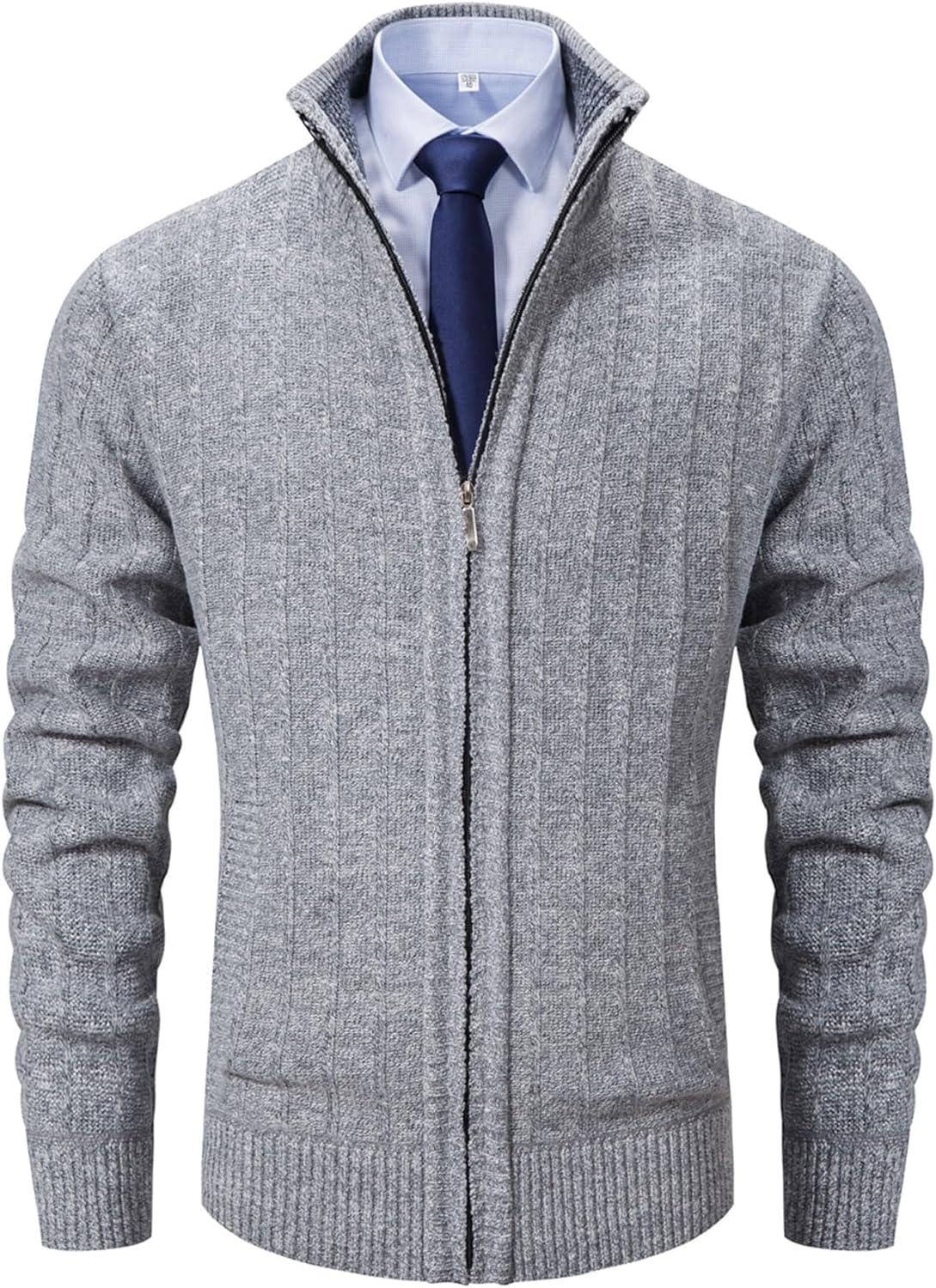 Men's Sweaters Full Zip Slim Thick Knitted Cardigan Sweaters Jacket with Pockets - L & M Kee, LLC