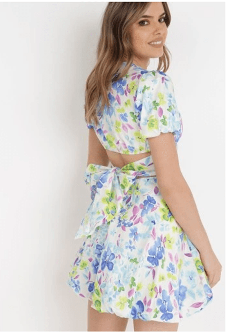 Sweet Fashion Summer Square Collar Floral Printed Waist-Controlled Figure Flattering Back Hollow out Tied Puff Sleeve Dress Skirt - L & M Kee, LLC