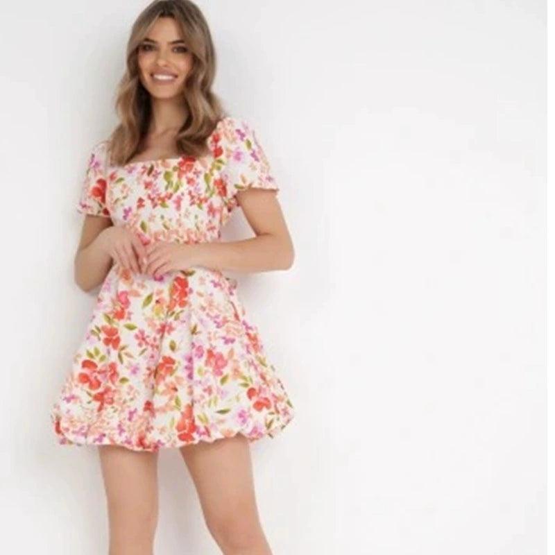 Sweet Fashion Summer Square Collar Floral Printed Waist-Controlled Figure Flattering Back Hollow out Tied Puff Sleeve Dress Skirt - L & M Kee, LLC