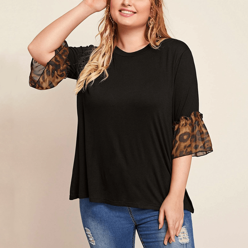 Chubby Girls plus Size Leopard Splicing Casual round Neck T-shirt - L & M Kee, LLC