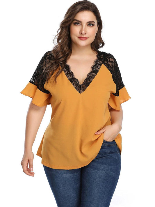 European and American plus Size Women's Clothes Contrast Color V-neck Lace Stitching Coat Cross-Border Amazon AliExpress Export - L & M Kee, LLC