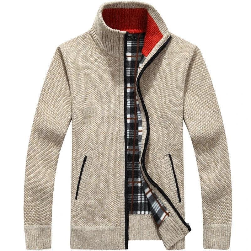 Winter Thick Men's Knitted Sweater Coat Off White Long Sleeve Cardigan Fleece Full Zip Male Causal Plus Size Clothing for Autumn - L & M Kee, LLC