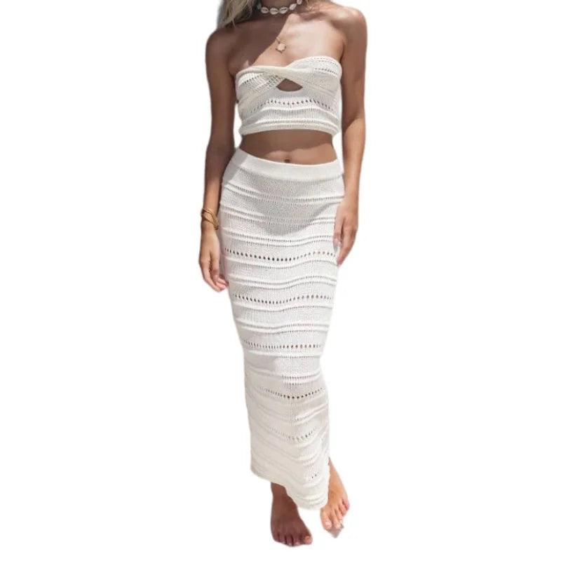 Sleeveless Backless Cropped Tube Top Drawstring Long Skirts Elegant Fashion 2 Piece Sets - L & M Kee, LLC