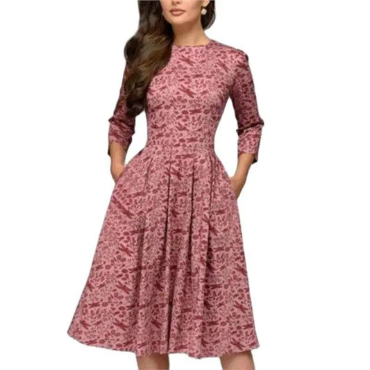 Women Elegant A-line Midi Dress Vintage Printing Party Vestidos Three Quarter Sleeve Women Spring Casual Dress - L & M Kee, LLC