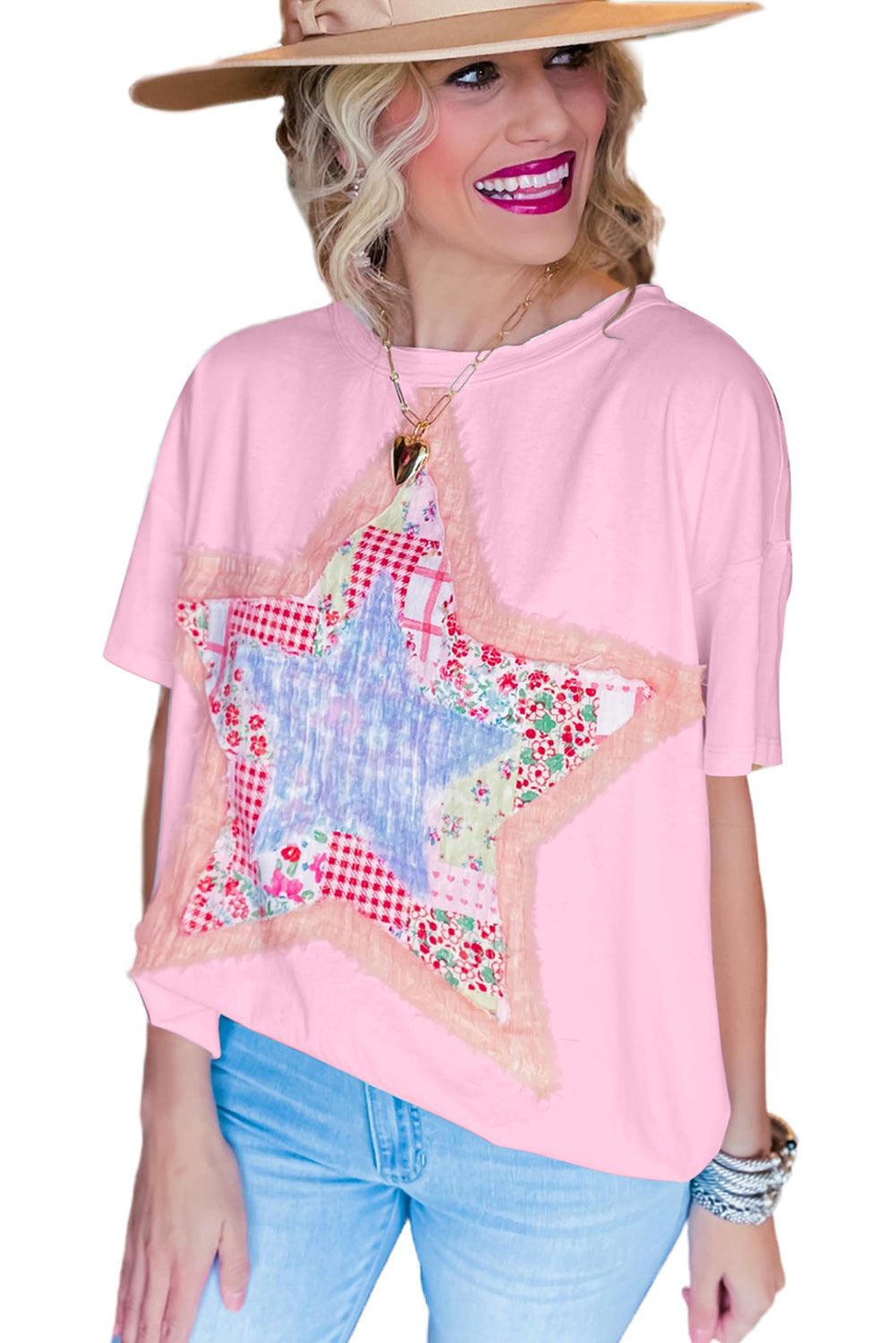 Pink Star Patchwork Loose T-shirt - L & M Kee, LLC