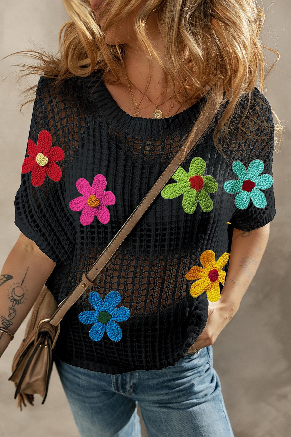 Black Crochet Flower Hollow-out Sweater T Shirt - L & M Kee, LLC