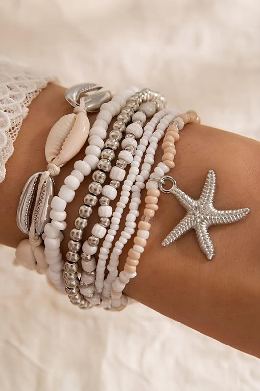 White 7pcs Starfish Seashell Beaded Bracelet Set - L & M Kee, LLC
