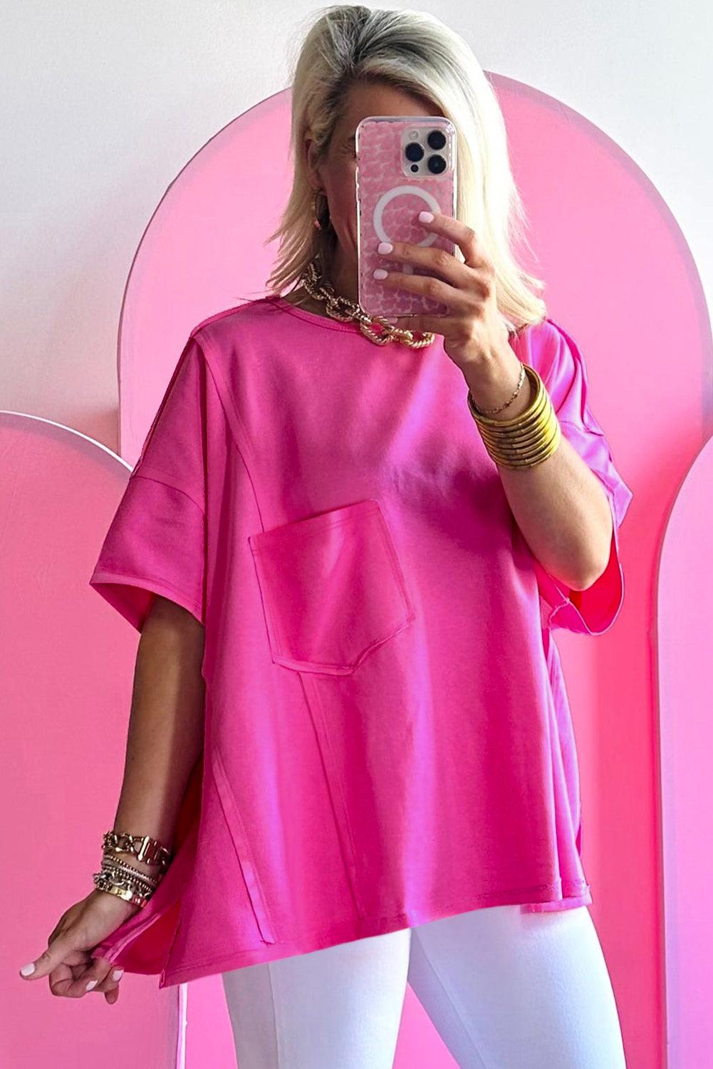 Bright Pink Patched Pocket Exposed Seam Oversize T-shirt - L & M Kee, LLC