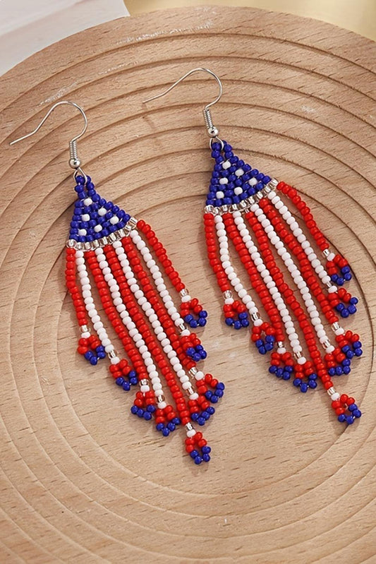 Fiery Red American Flag Beaded Fringed Hook Earrings - L & M Kee, LLC