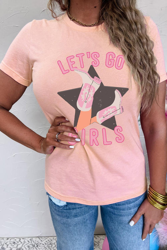 Pink LETS GO GIRLS Western Boots Star Shape Graphic Tee - L & M Kee, LLC