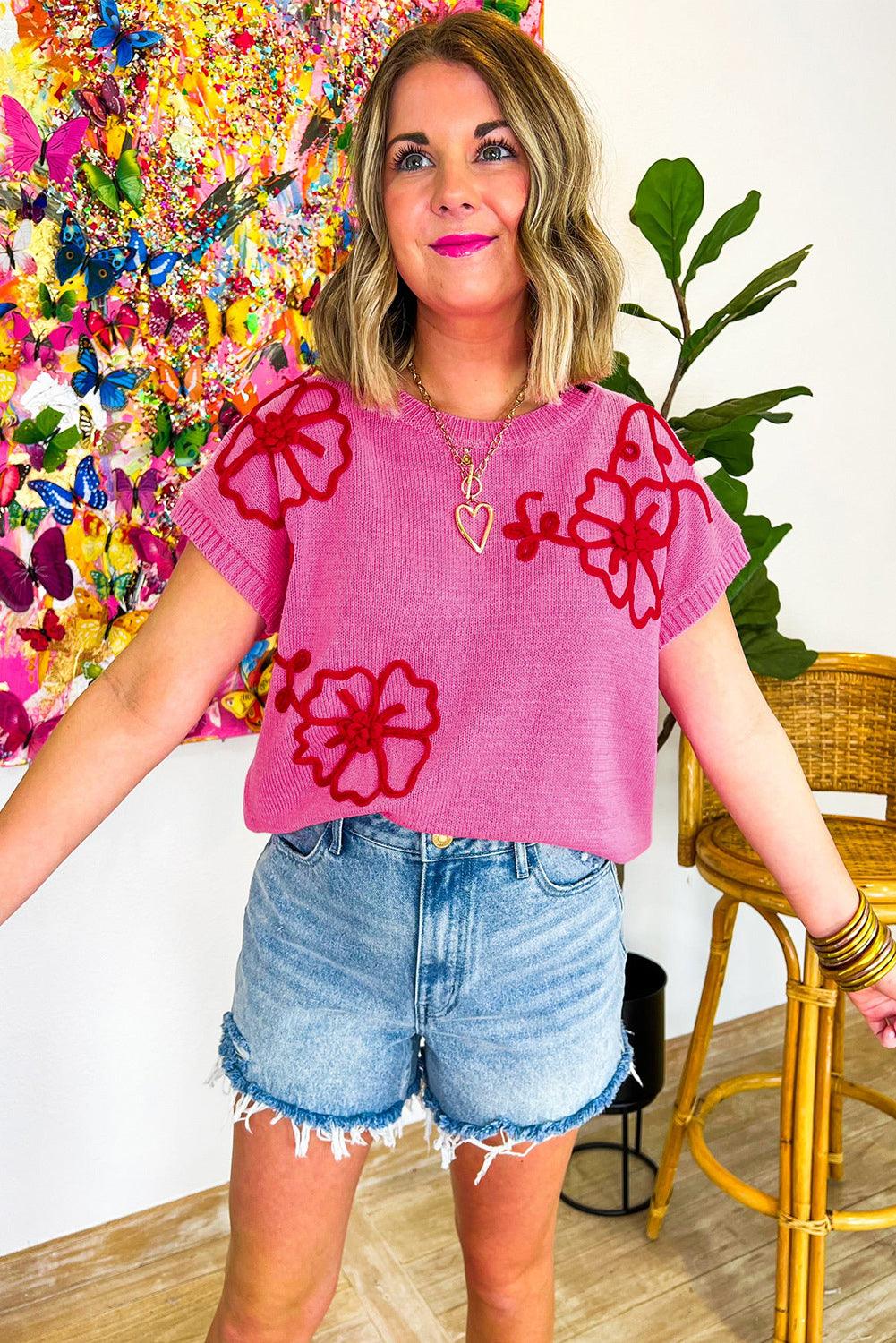 Bright Pink Corded Flower Embroidery Short Sleeve Knitwear Top - L & M Kee, LLC