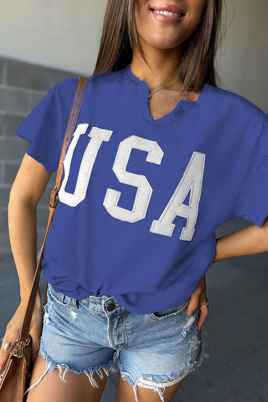Dark Blue USA Lettering Patch Notched Neck Loose Tee - L & M Kee, LLC