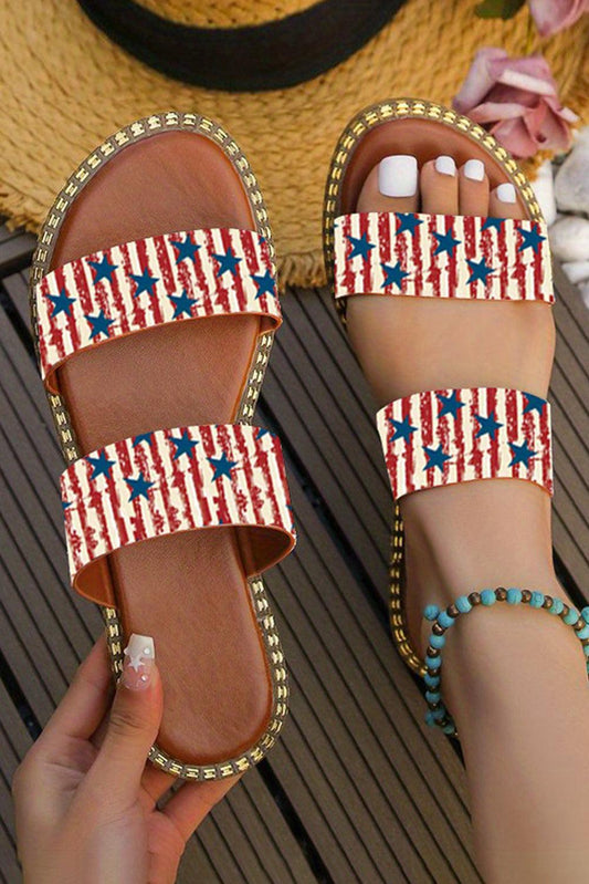 Fiery Red American Flag Print Double Band Flat Slippers - L & M Kee, LLC