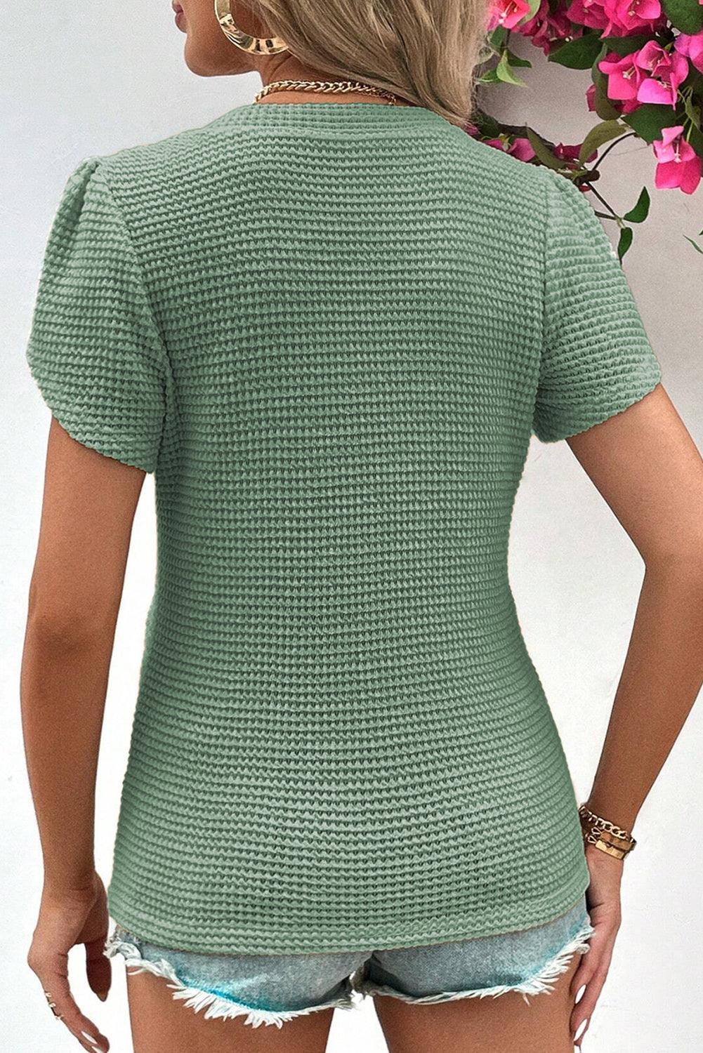 Mist Green V Neck Petal Sleeve Waffle Knit T-Shirt - L & M Kee, LLC