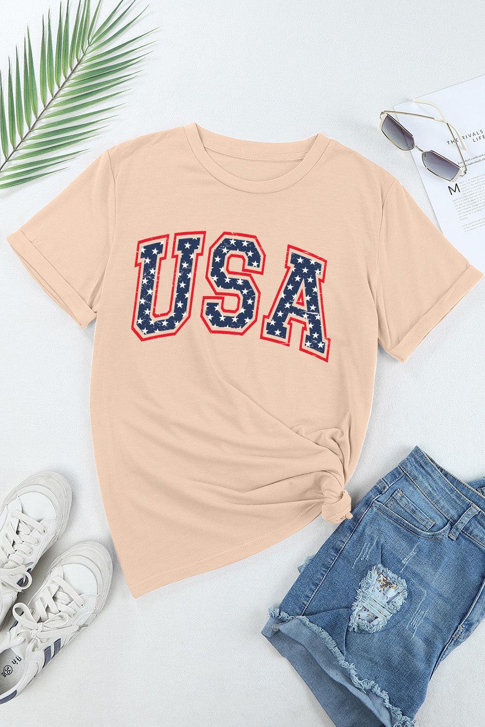 Khaki Starry USA Lettering Independent Day T-shirt - L & M Kee, LLC