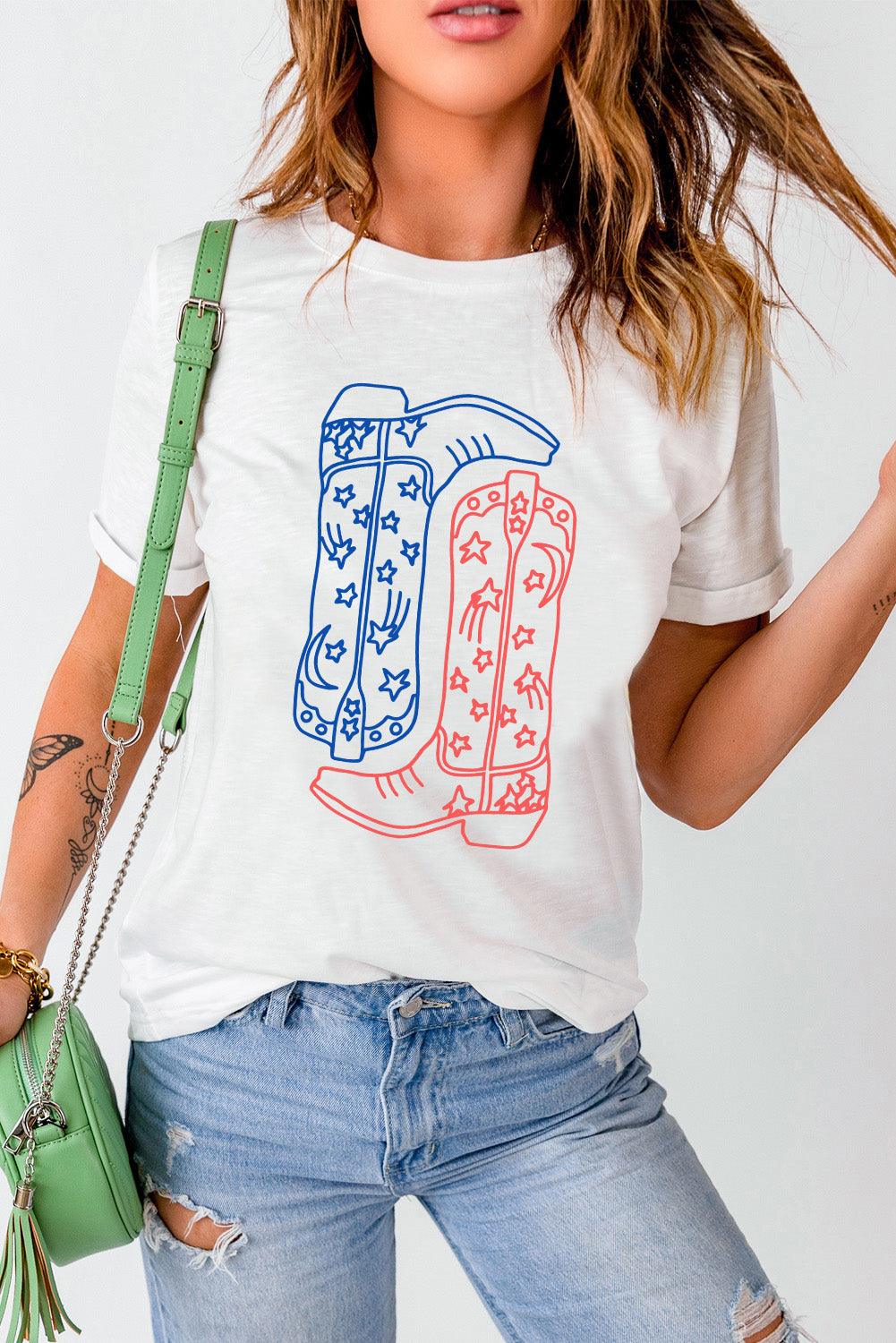 White Western Star Boots Print Round Neck Graphic T Shirt - L & M Kee, LLC