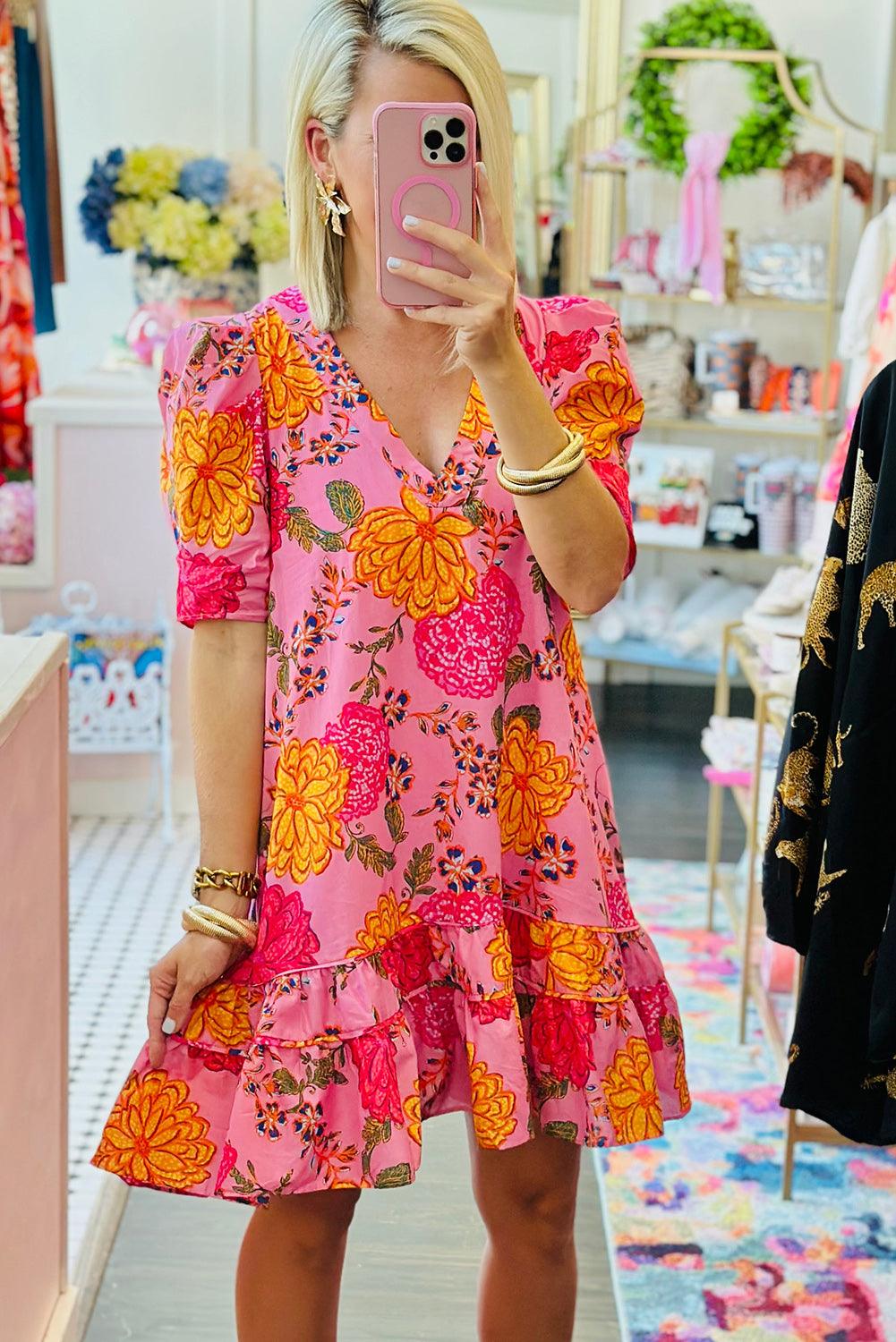 Pink Floral Bubble Sleeve V Neck Ruffled Mini Dress - L & M Kee, LLC