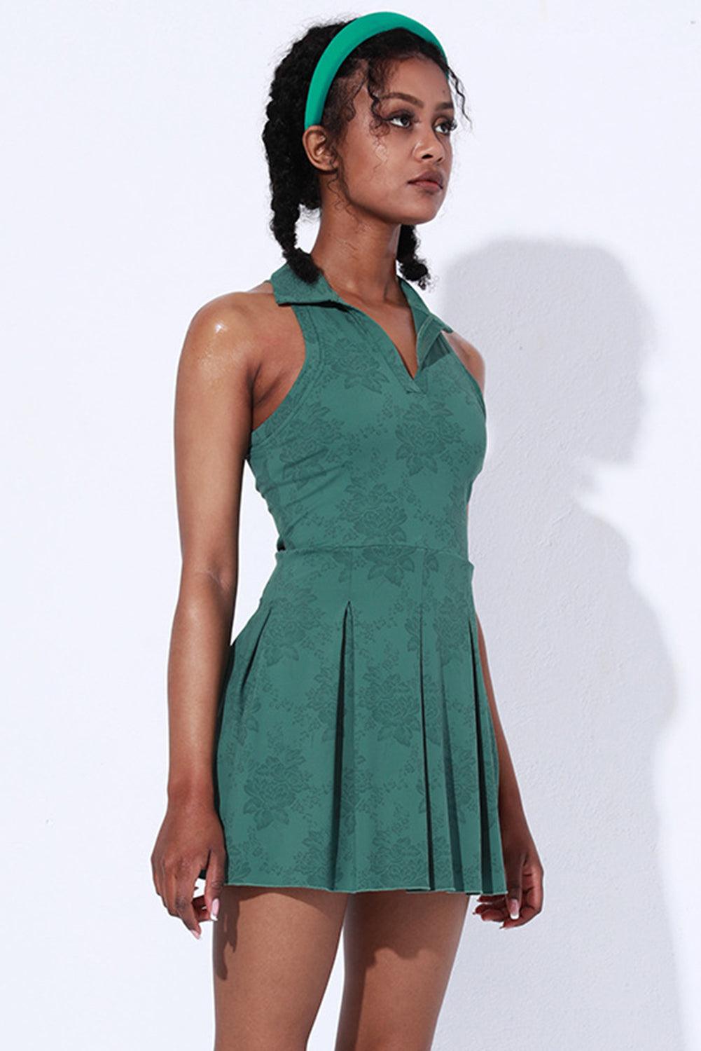 Blackish Green Sleeveless V Neck Shirt Collar Sports Mini Dress - L & M Kee, LLC