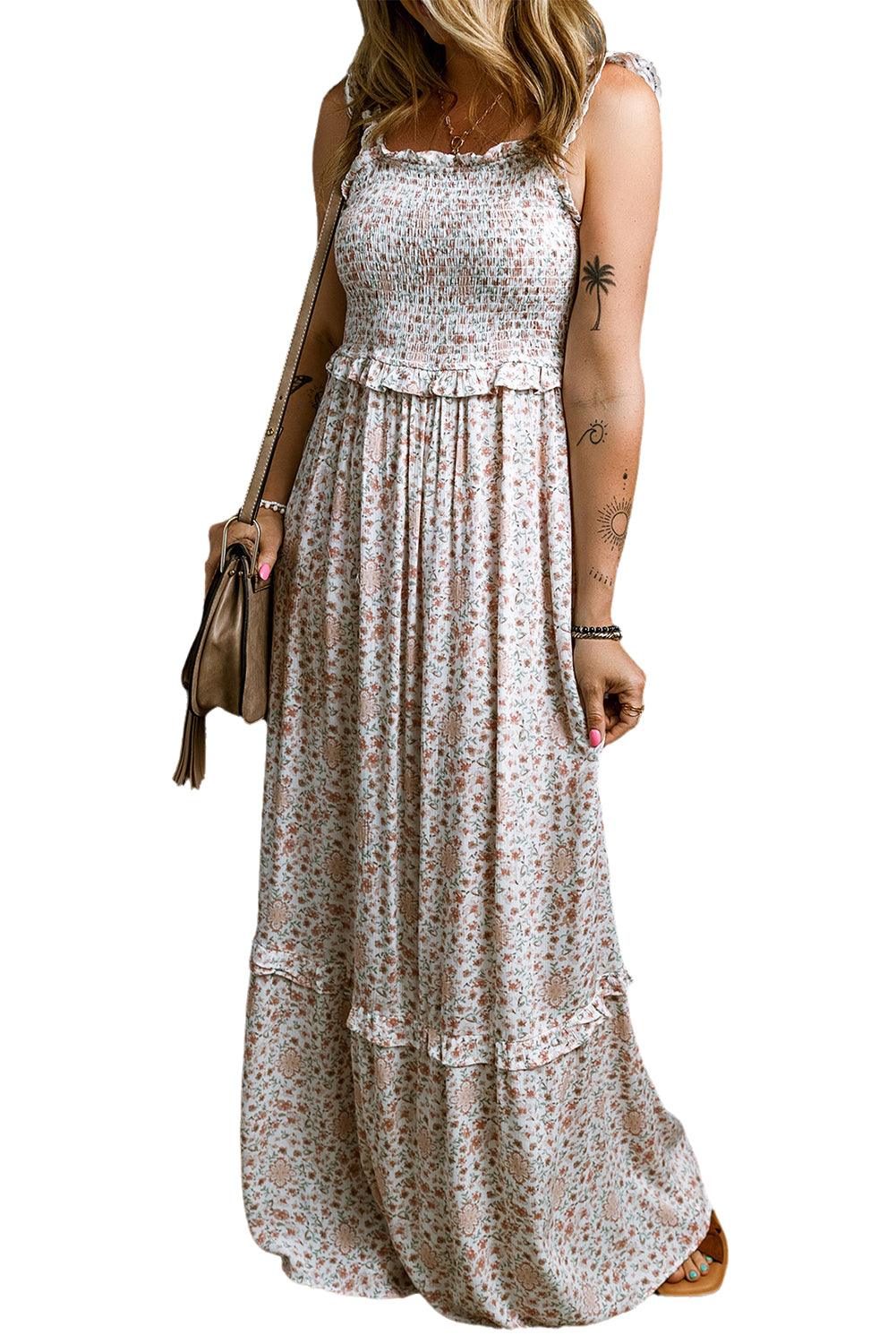 White Lace Frilly Straps Shirred Floral Maxi Dress - L & M Kee, LLC