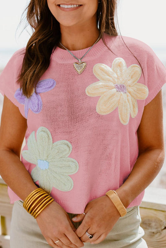 Pink Multi Crochet Flower Knit Short Sleeve Sweater Top - L & M Kee, LLC