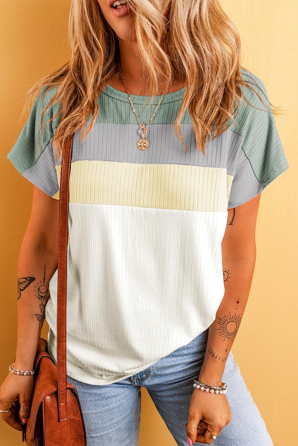 Moonlight Jade Ribbed Color Block Patchwork T-shirt - L & M Kee, LLC