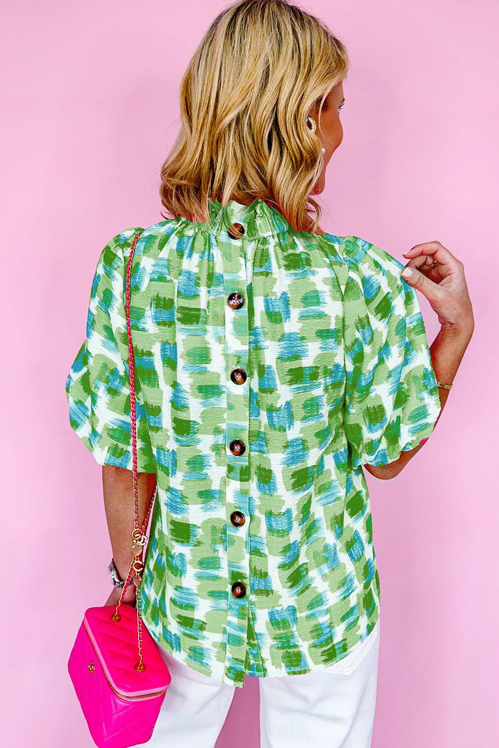 Green Abstract Print Button Back Ruffled High Neck Blouse - L & M Kee, LLC