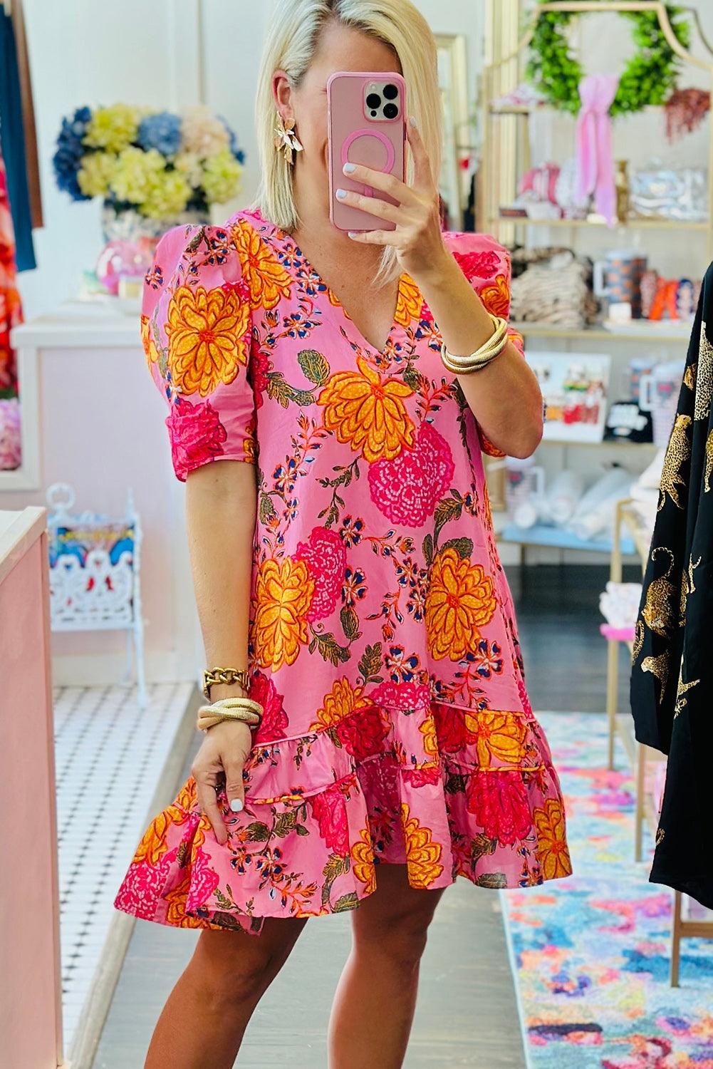 Pink Floral Bubble Sleeve V Neck Ruffled Mini Dress - L & M Kee, LLC