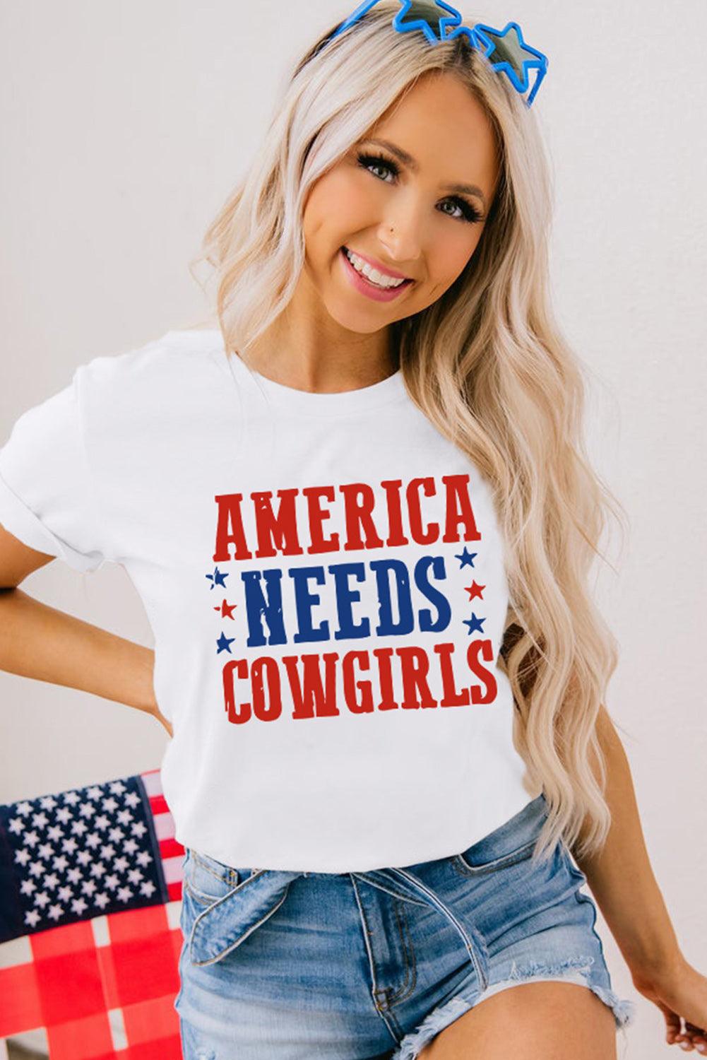 White America Needs Cowgirls Crew Neck Graphic Tee - L & M Kee, LLC