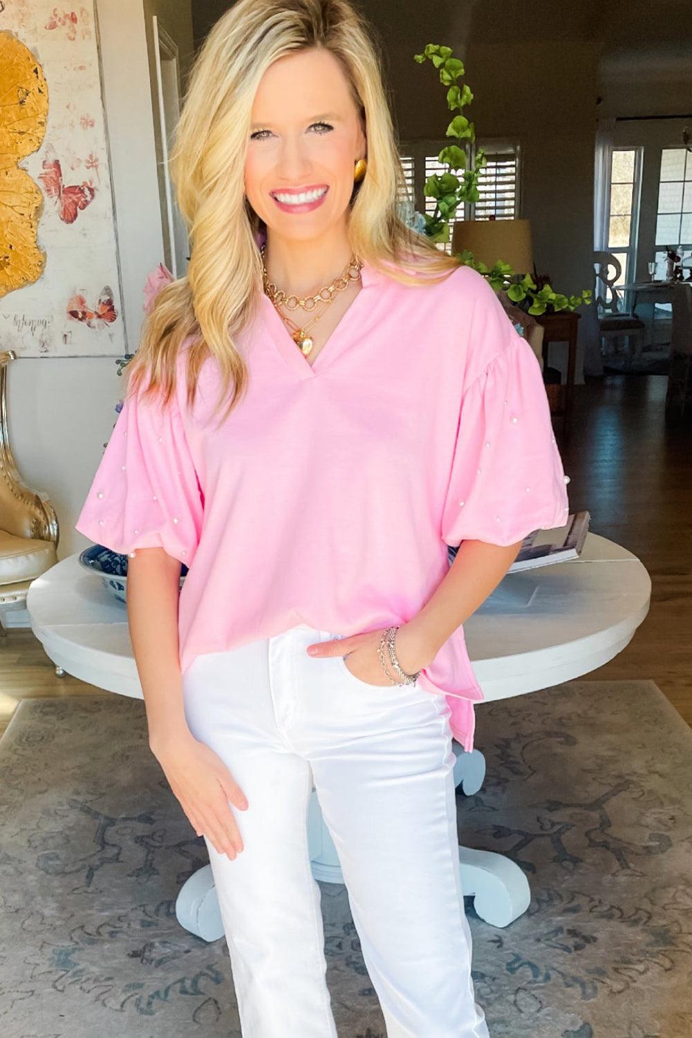 Pink Pearl Studded Puff Sleeve Collared Top - L & M Kee, LLC