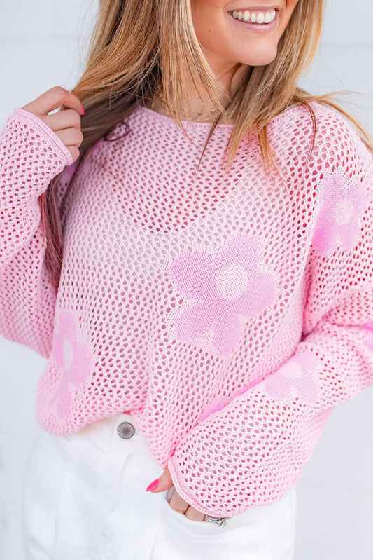 Light Pink Big Flower Hollowed Knit Drop Shoulder Sweater - L & M Kee, LLC
