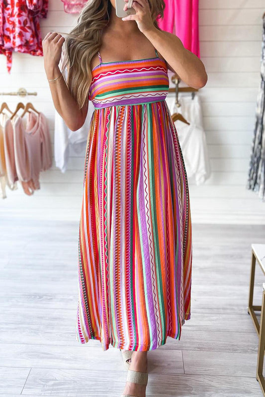 Multicolour Striped Thin Straps Smocked Back Boho Maxi Dress - L & M Kee, LLC