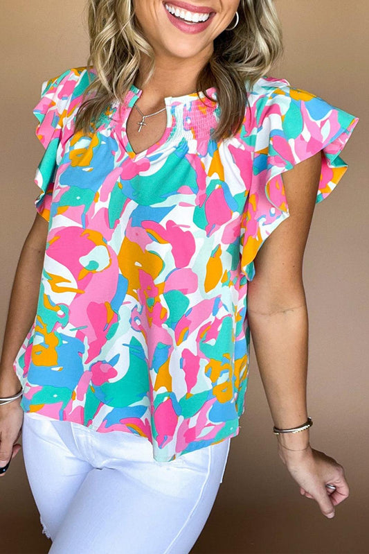 Multicolour Abstract Print Notched Neck Flutter Sleeve Blouse - L & M Kee, LLC