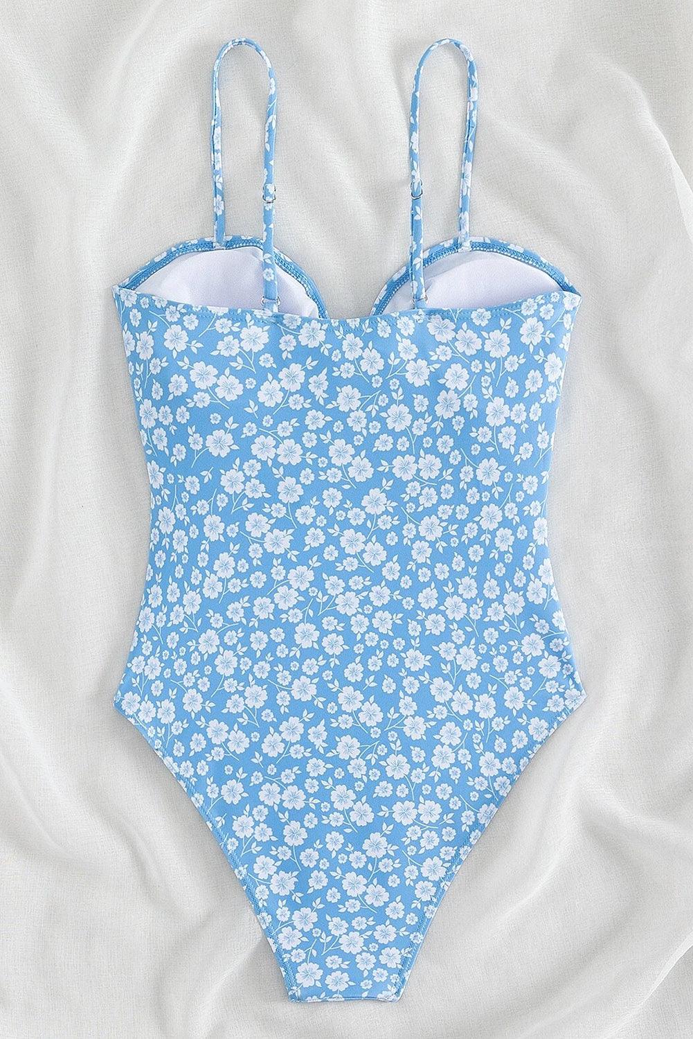 Sky Blue Floral Print Hollow-out Knot Front One Piece Swimsuit - L & M Kee, LLC