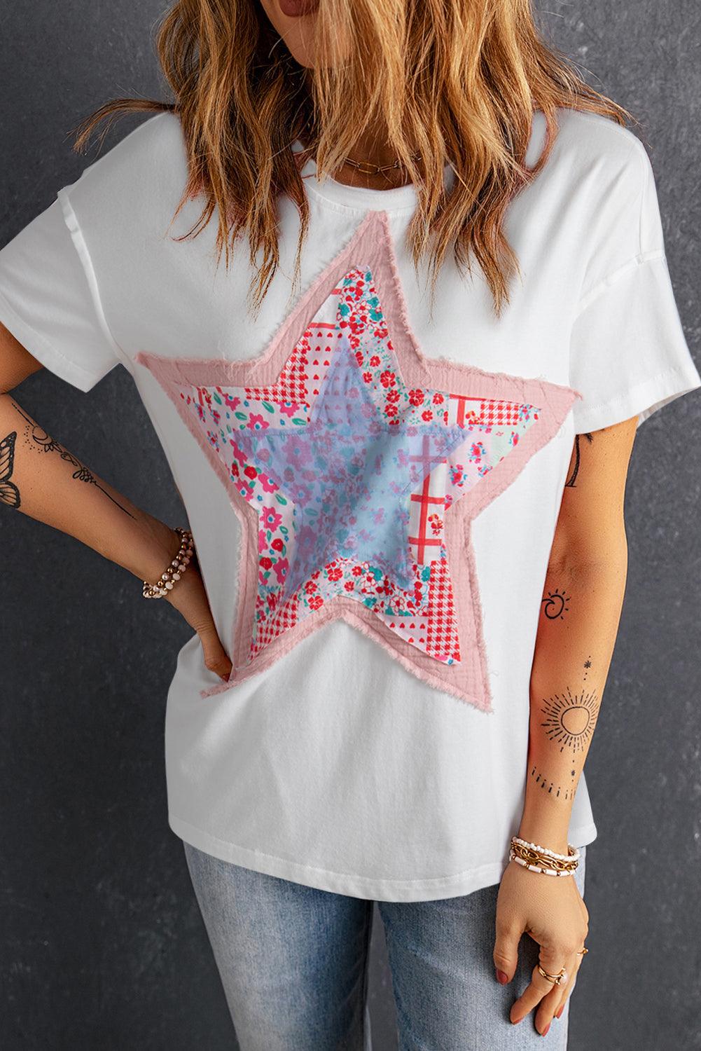 White Star Patchwork Loose T-shirt - L & M Kee, LLC