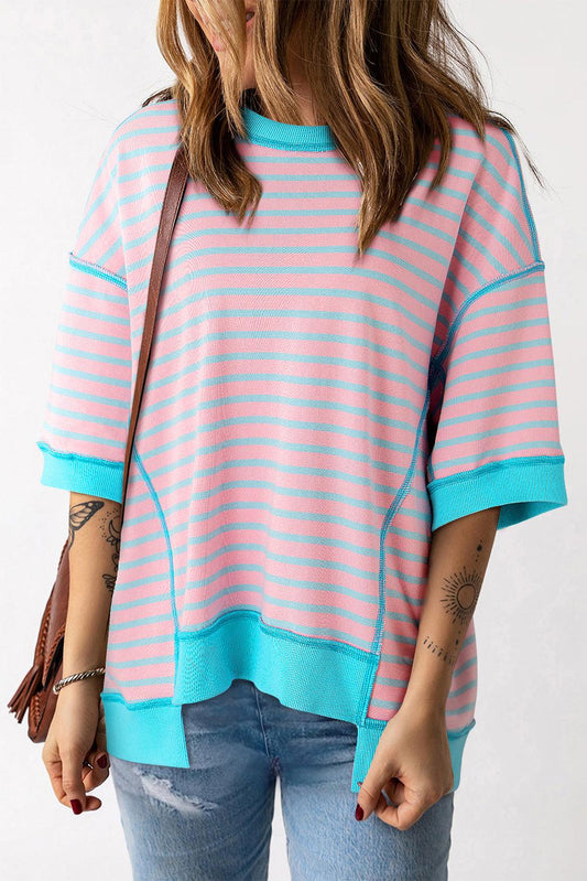 Pink Stripe Oversized Contrast Trim Exposed Seam High Low T Shirt - L & M Kee, LLC
