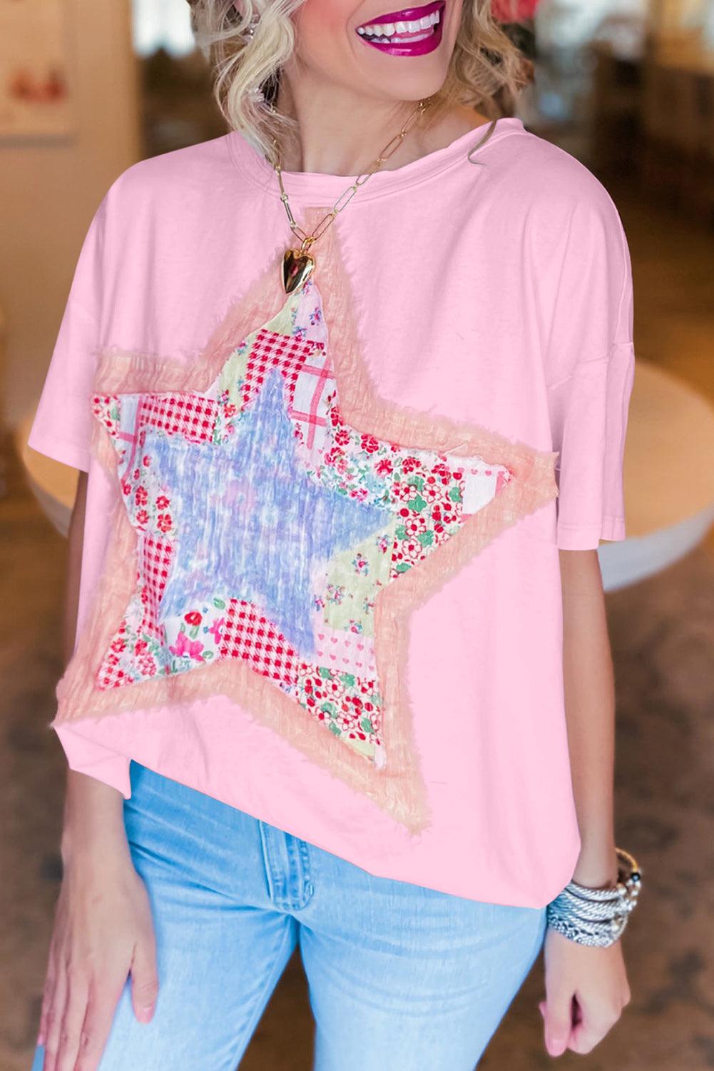 Pink Star Patchwork Loose T-shirt - L & M Kee, LLC