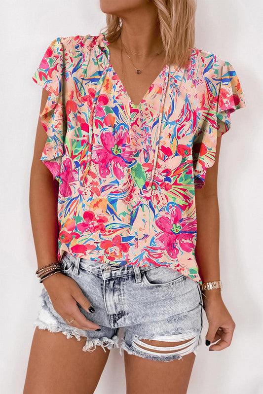 Multicolour Floral Ruffled Sleeve V Neck Summer Blouse - L & M Kee, LLC