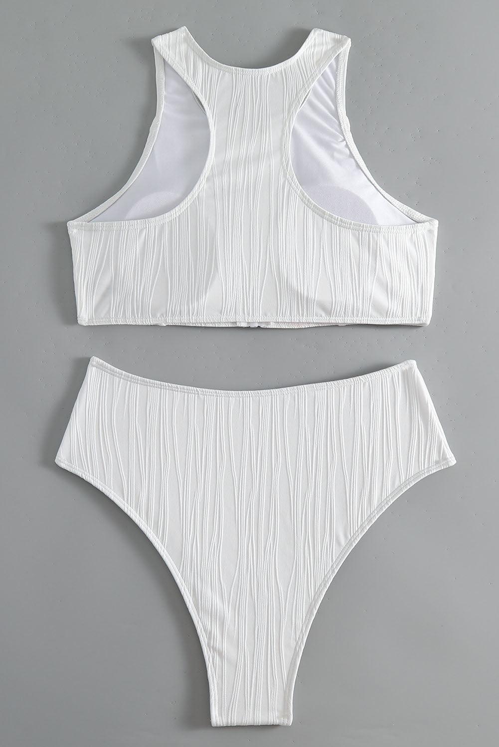 White Textured Zip up Racerback Swim Top High Waisted Bikini - L & M Kee, LLC