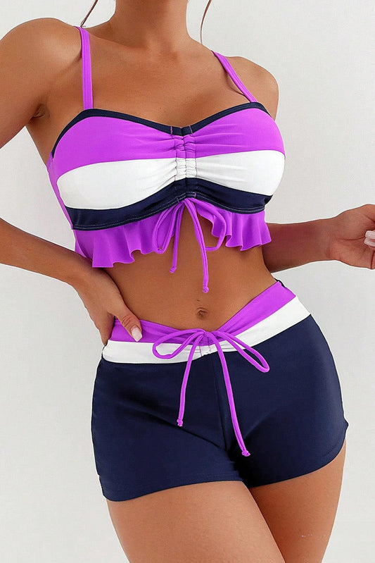 Dark Purple Colorblock Ruffled Drawstring Tie Shorts Bikini - L & M Kee, LLC