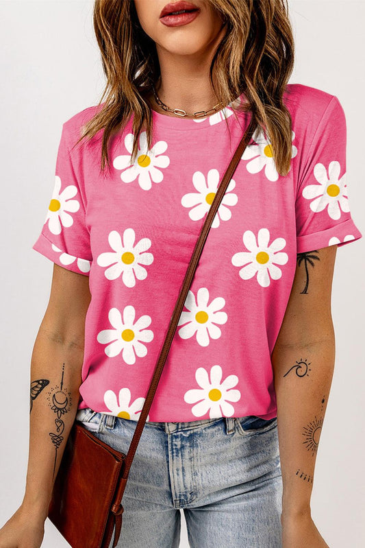 Pink Daisy Printed Crewneck T Shirt - L & M Kee, LLC