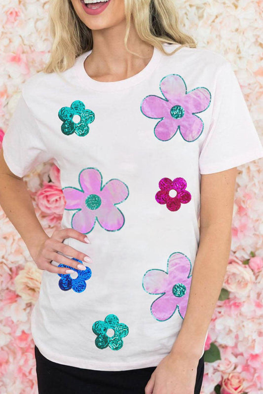 White Sequined Flower Pattern Round Neck T Shirt - L & M Kee, LLC