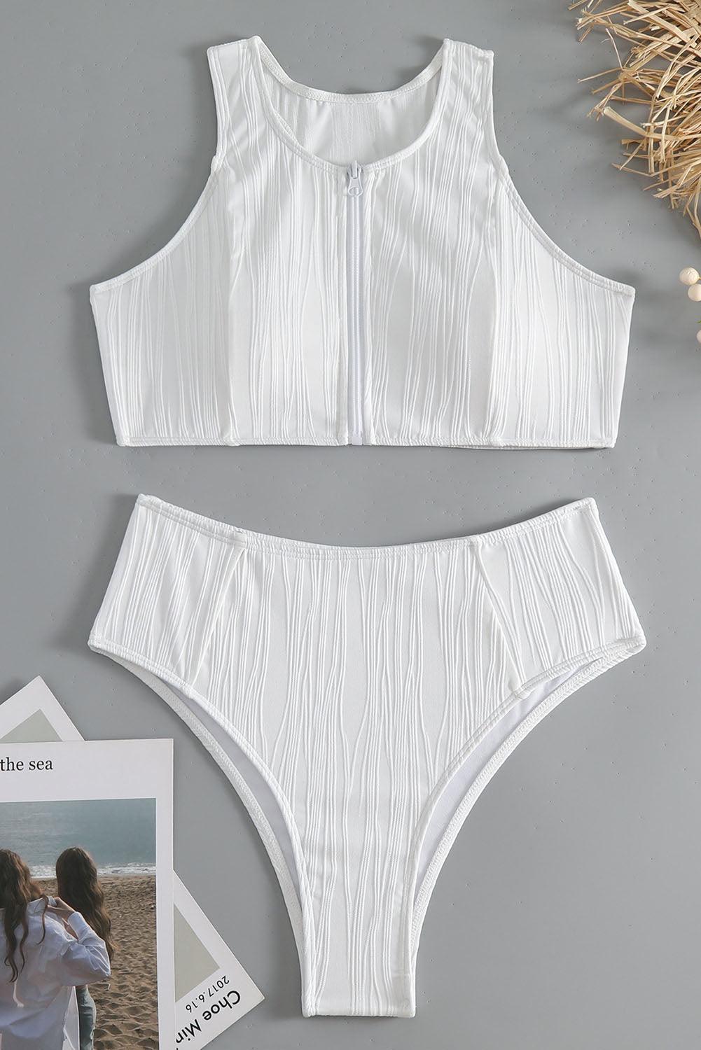 White Textured Zip up Racerback Swim Top High Waisted Bikini - L & M Kee, LLC