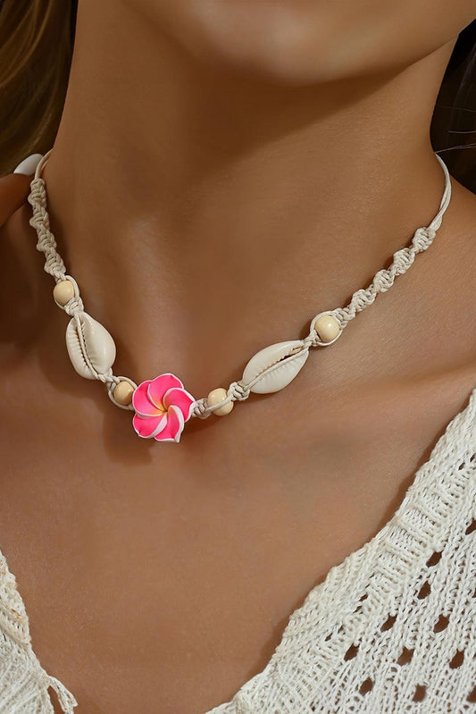 Rose Red Flower Seashell Braided Choker Necklace - L & M Kee, LLC