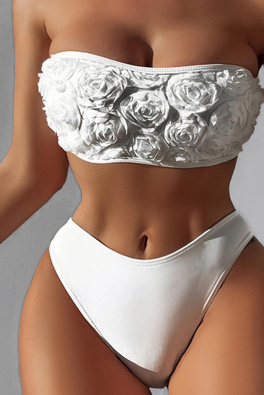 White 3D Floral Bandeau High Waist Bikini - L & M Kee, LLC